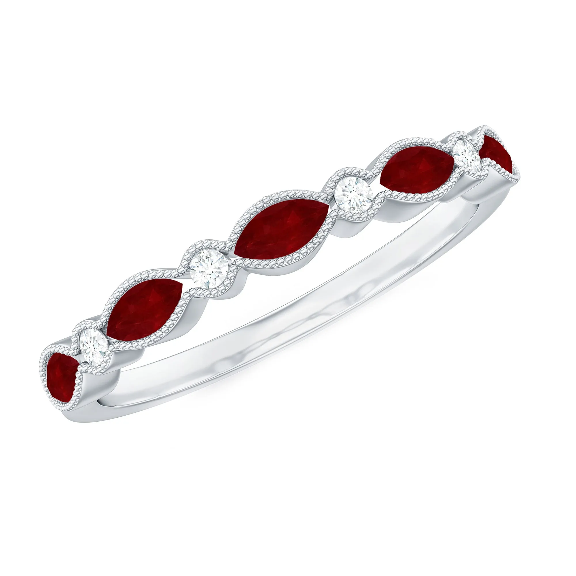 Ruby and Moissanite Stackable Ring in Beaded Bezel Setting