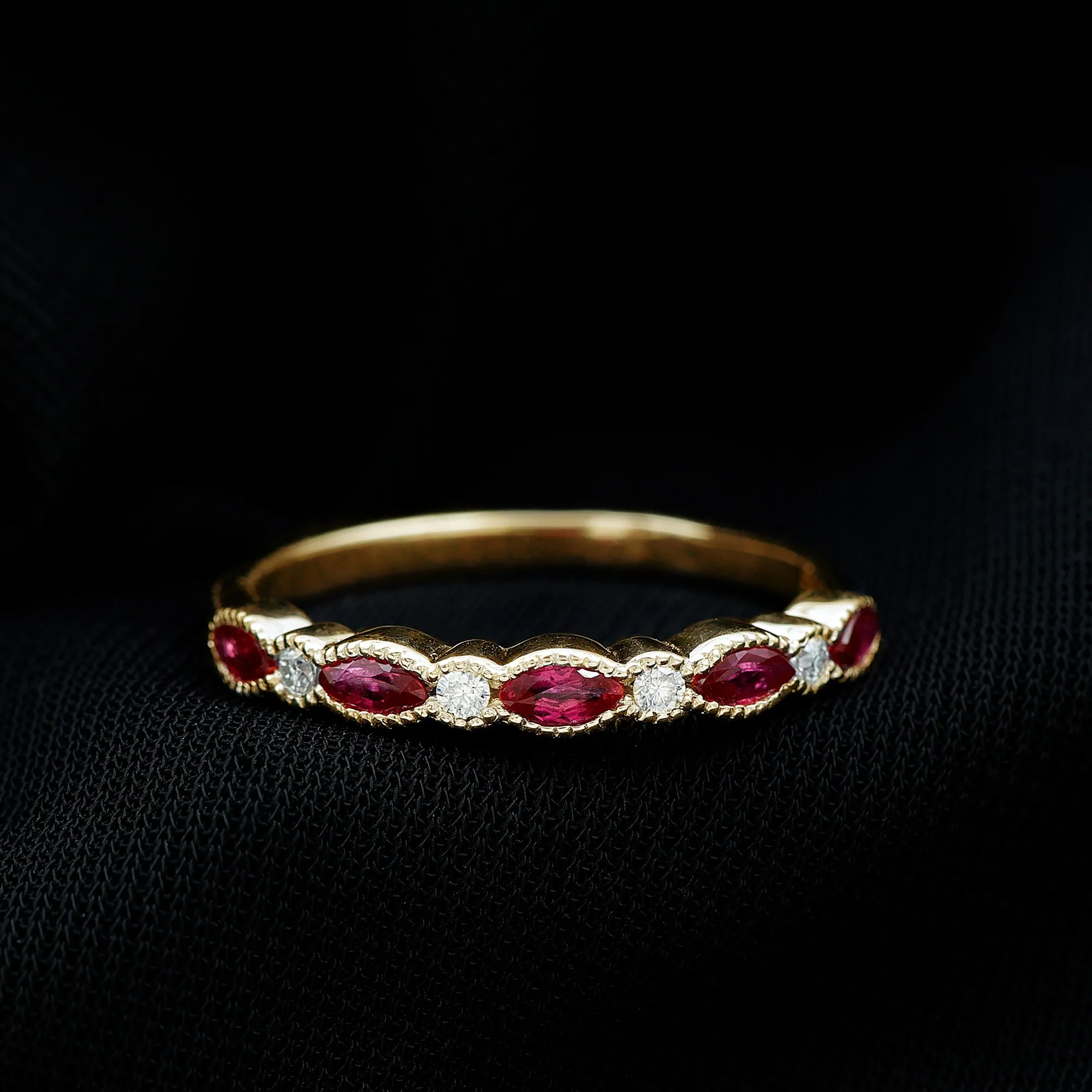 Ruby and Moissanite Stackable Ring in Beaded Bezel Setting