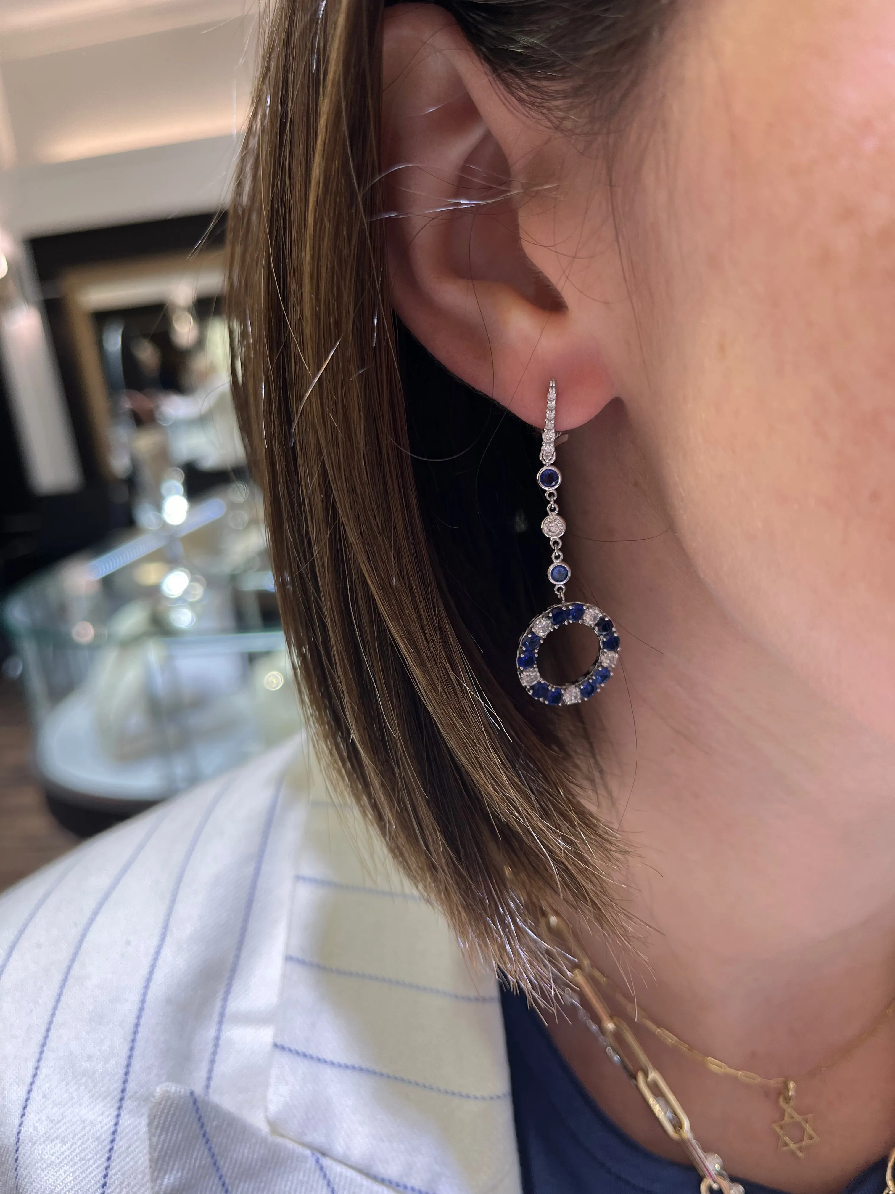 Sapphire & Diamond Circle Drop Earrings