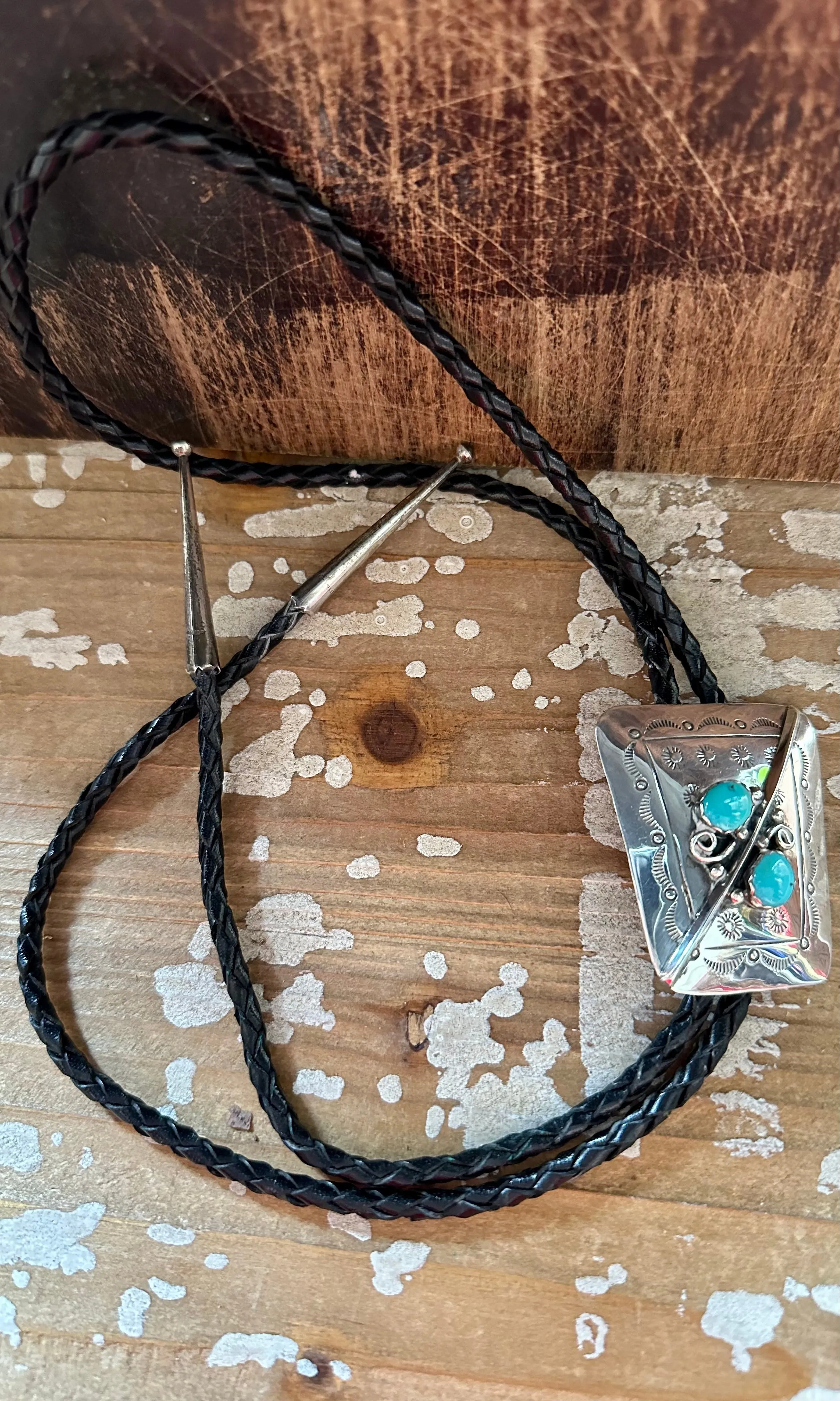 SILVER TURQUOISE TWINS Bolo Tie w/ Leather Cord