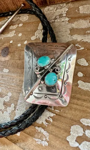 SILVER TURQUOISE TWINS Bolo Tie w/ Leather Cord