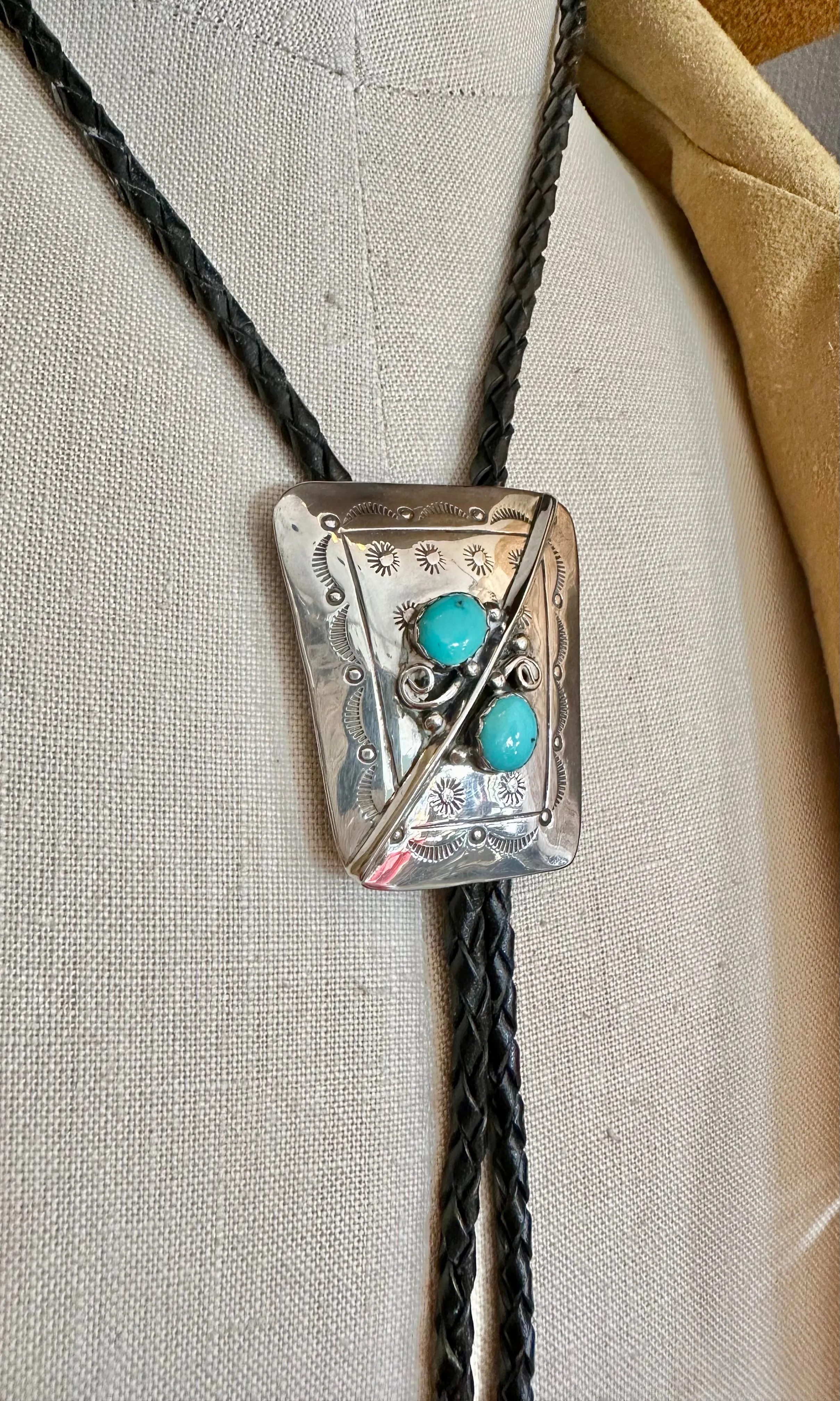 SILVER TURQUOISE TWINS Bolo Tie w/ Leather Cord