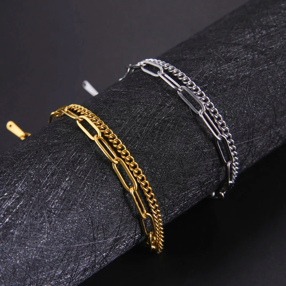 Simple Stainless Steel Double Chain Bracelets Fashion All-match  Bracelets Jewelry for Men Women Birthday Gifts