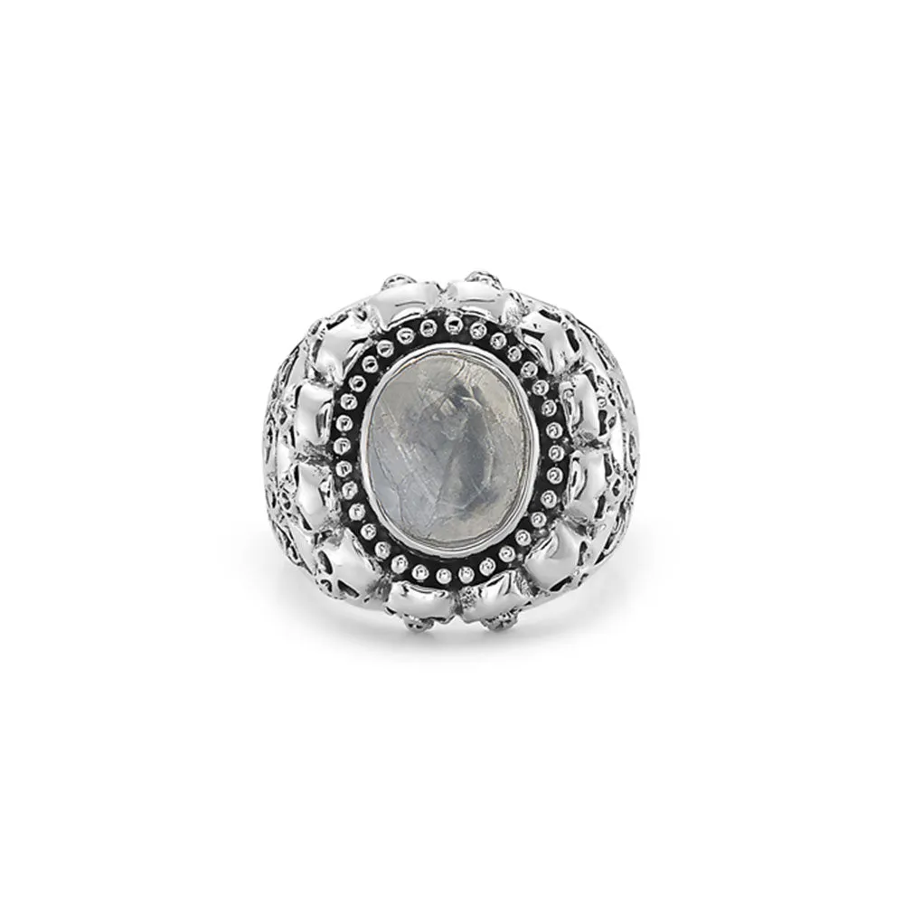 Solid Sterling Silver skull grey stone signet Ring