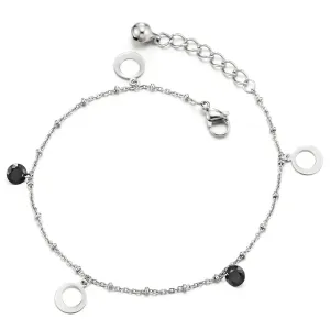 Steel Gold Color Anklet Bracelet with Dangling Black Cubic Zirconia and Open Circle, Jingle Bell