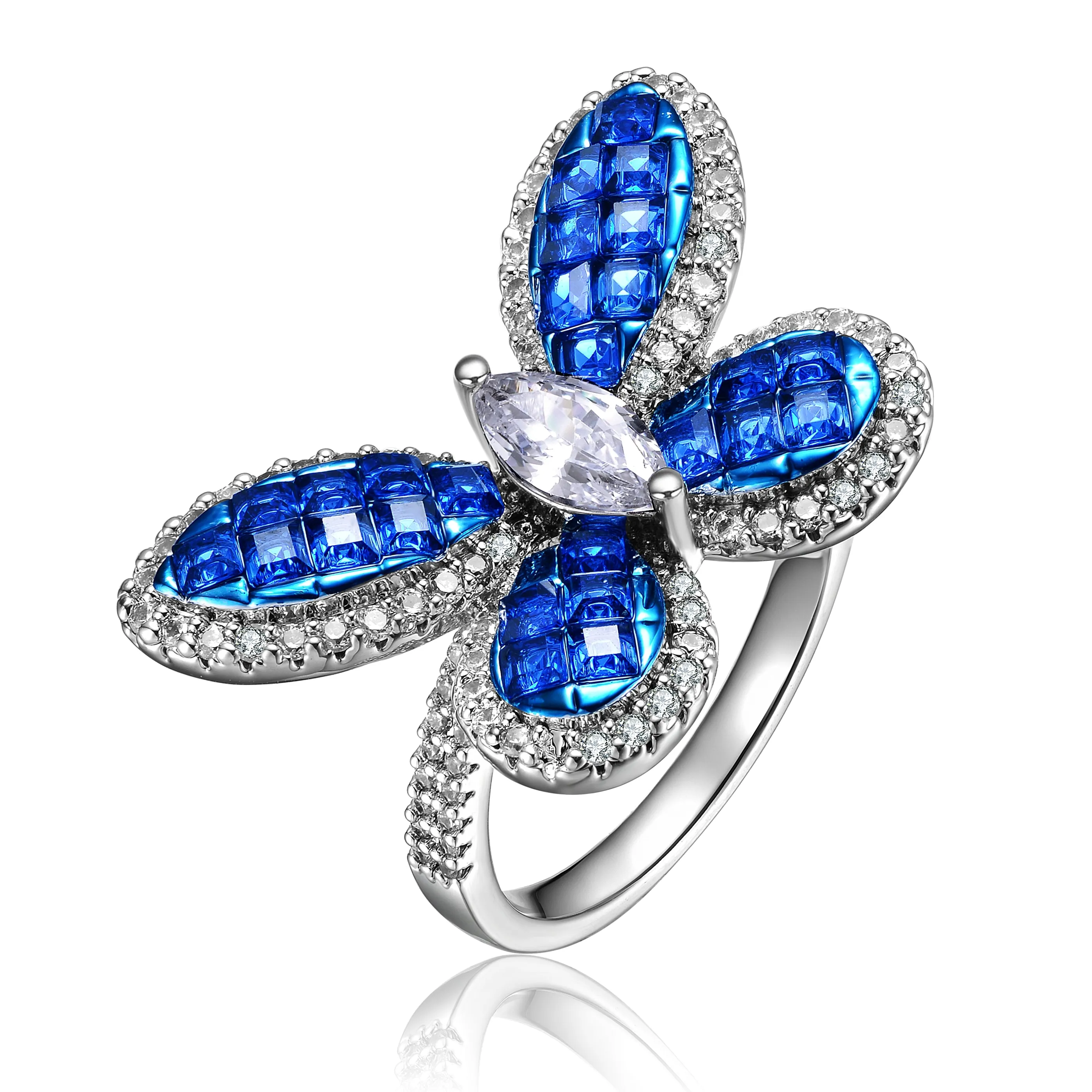 Sterling Silver with Rhodium Plated and Sapphire Cubic Zirconia Butterfly Ring