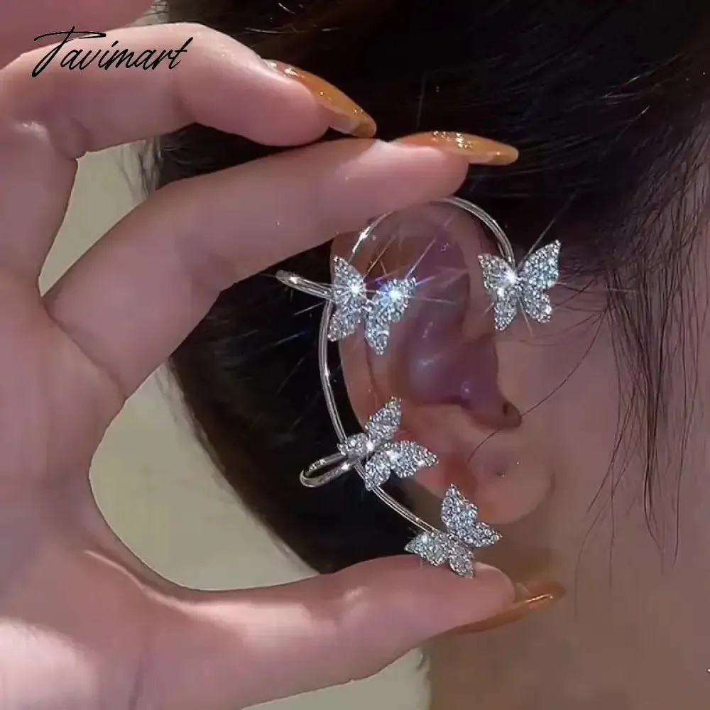 Tavimart Silver Plated Metal Leaf Butterfly Clip Earrings for Women Ear Clips Without Piercing Sparkling Zircon Ear Cuff Fashion Jewelry