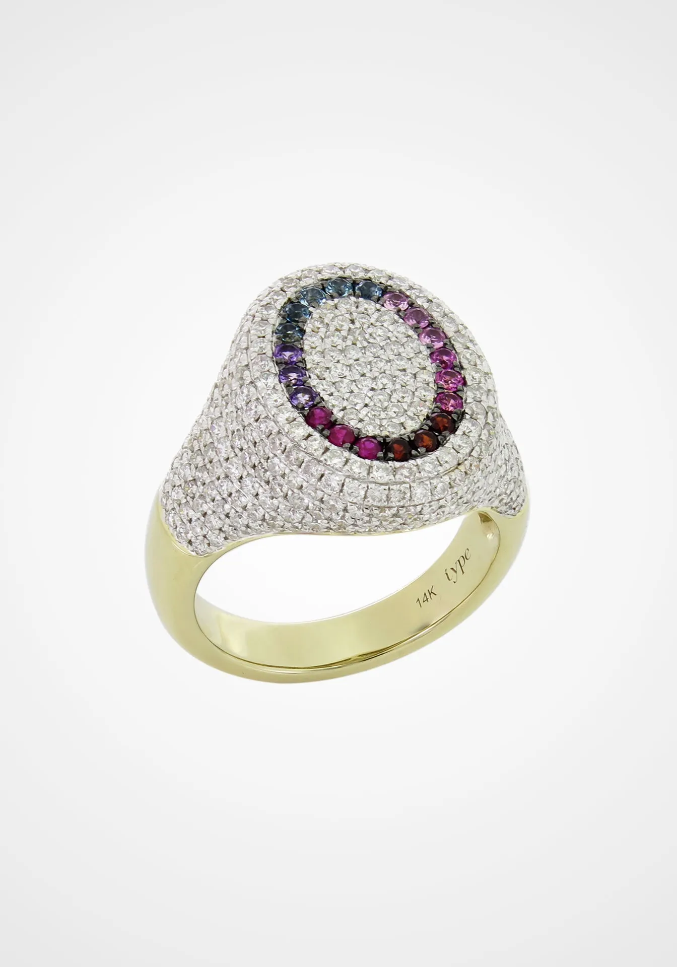 The 6th Rainbow, 14K Yellow Gold, Multi-Gemstones   Diamond Signet Ring