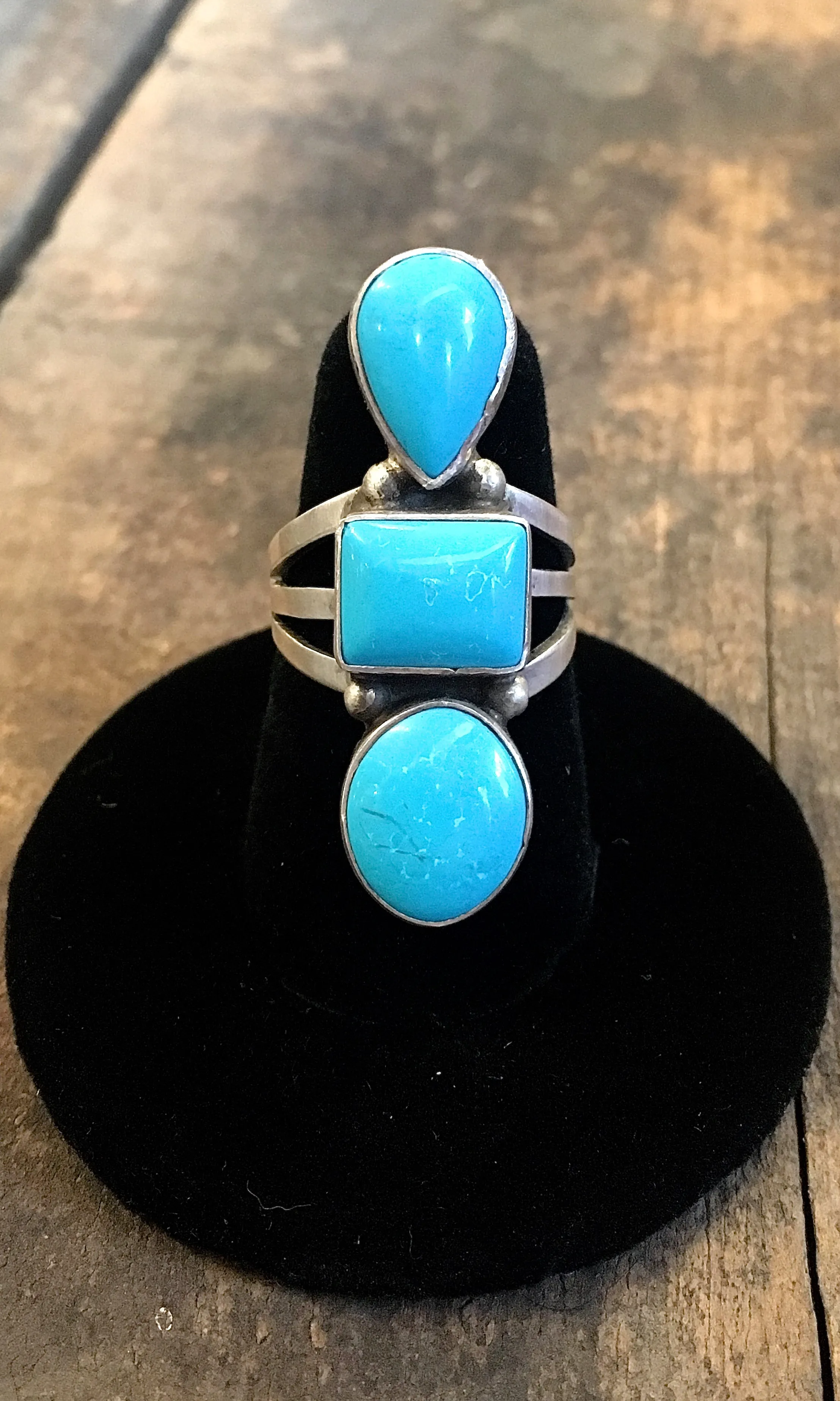 THREE'S COMPANY Vintage Style Turquoise Geometric Stacked Ring,  Sz 7