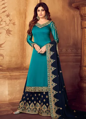 Turquoise And Blue Traditional Embroidered Palazzo Suit