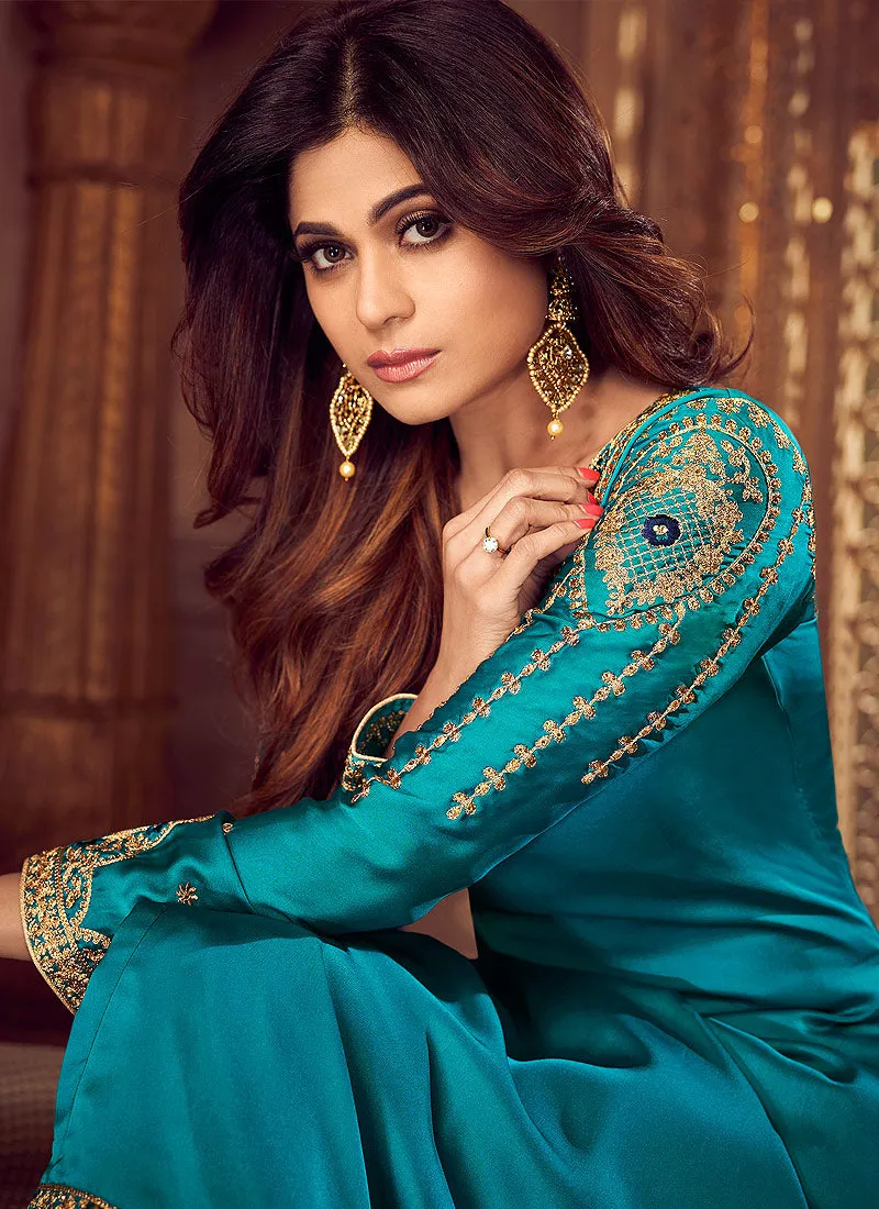 Turquoise And Blue Traditional Embroidered Palazzo Suit