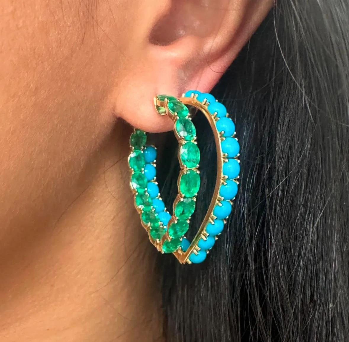 Turquoise Cabachon Heart Hoops