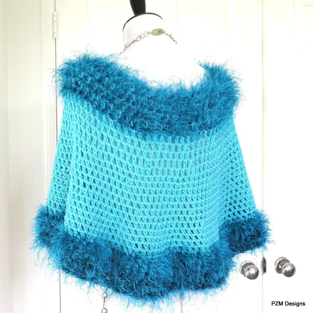 Turquoise Crochet Poncho with Fur Trim, Circle Poncho, gift for her