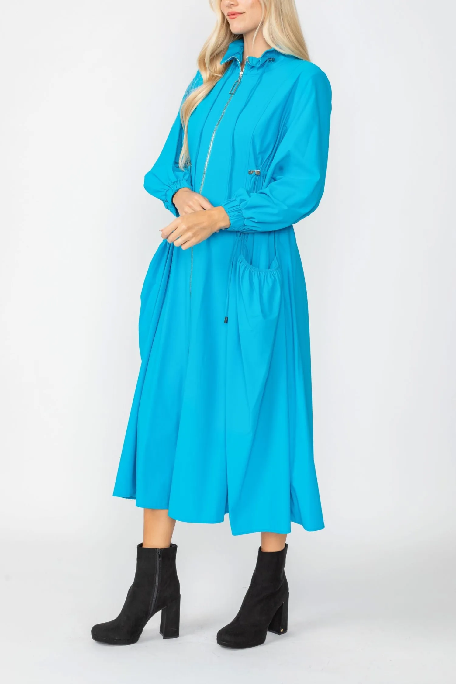 Turquoise Draw Stand Collar Side Drawed Shirring Long Jacket