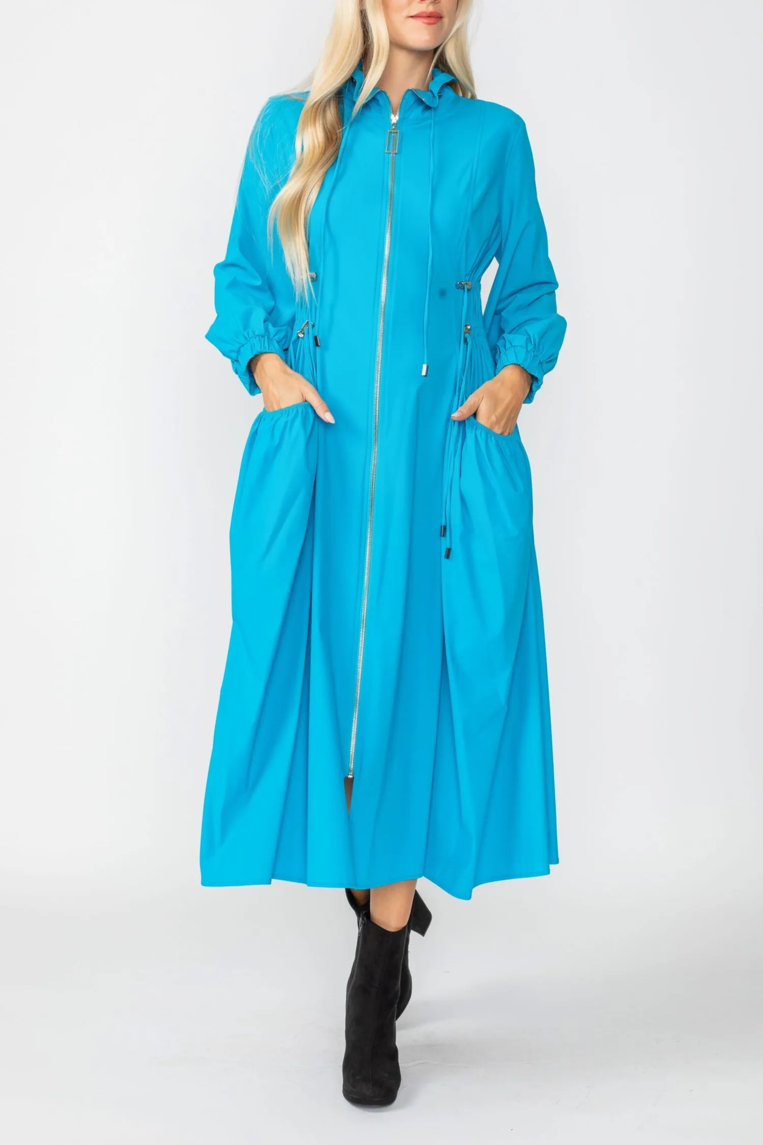 Turquoise Draw Stand Collar Side Drawed Shirring Long Jacket