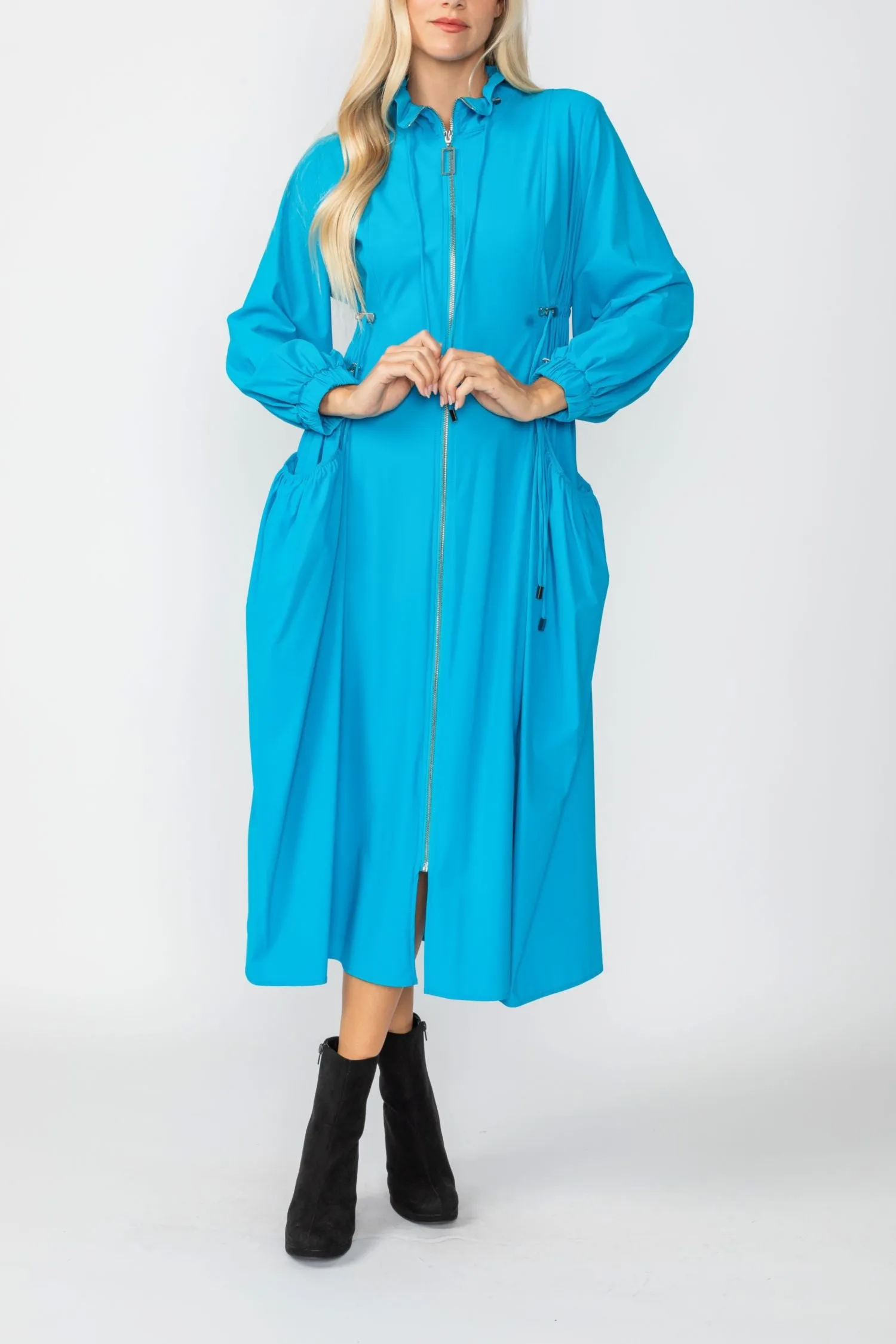 Turquoise Draw Stand Collar Side Drawed Shirring Long Jacket