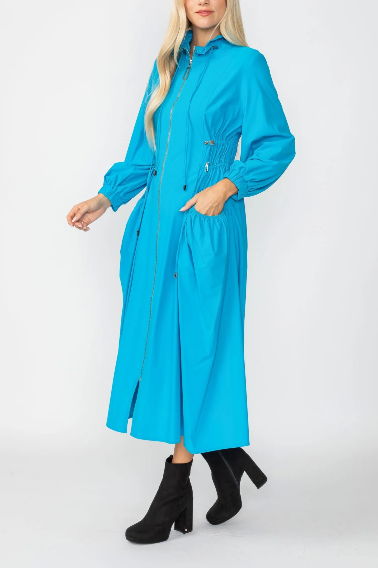 Turquoise Draw Stand Collar Side Drawed Shirring Long Jacket