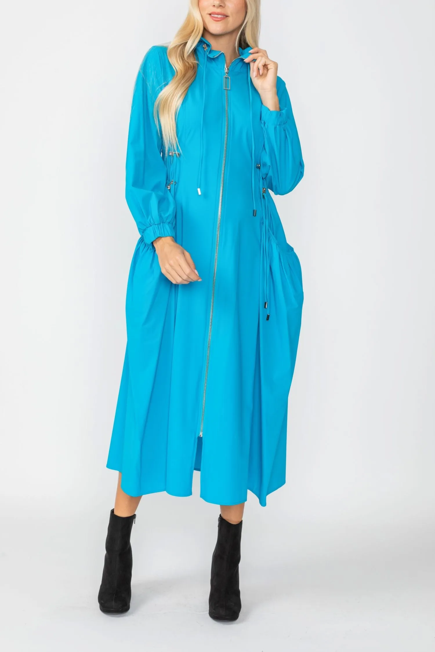 Turquoise Draw Stand Collar Side Drawed Shirring Long Jacket