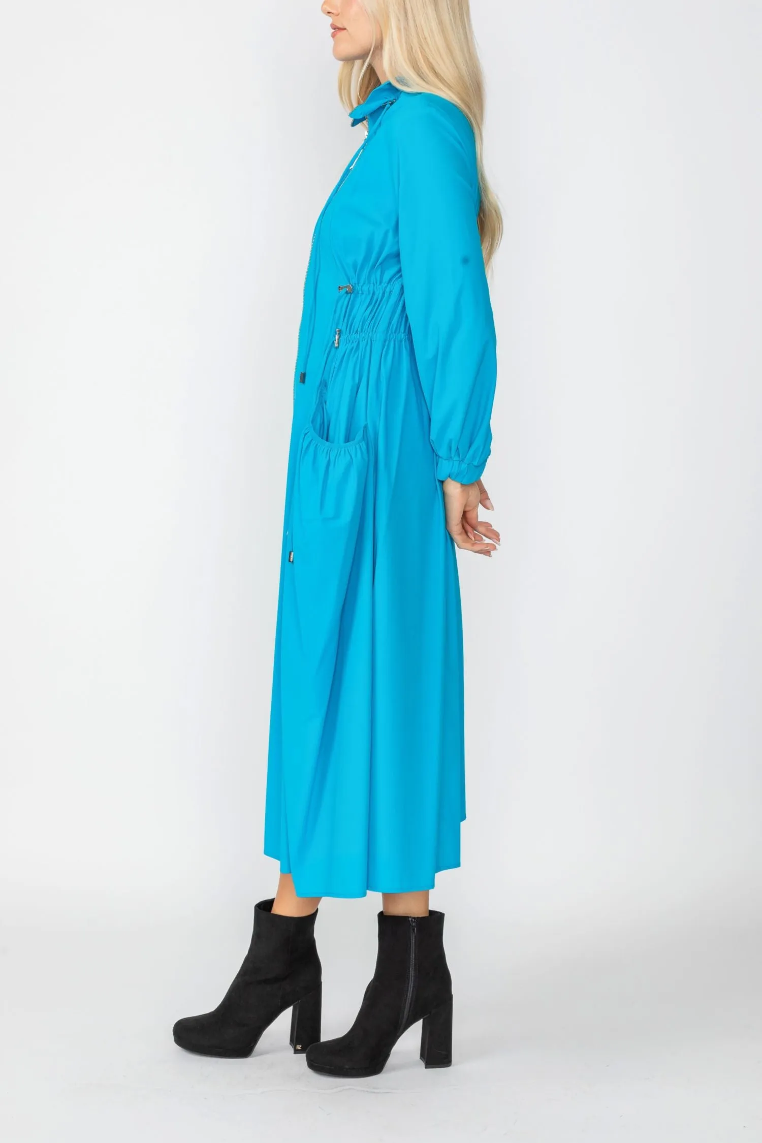 Turquoise Draw Stand Collar Side Drawed Shirring Long Jacket