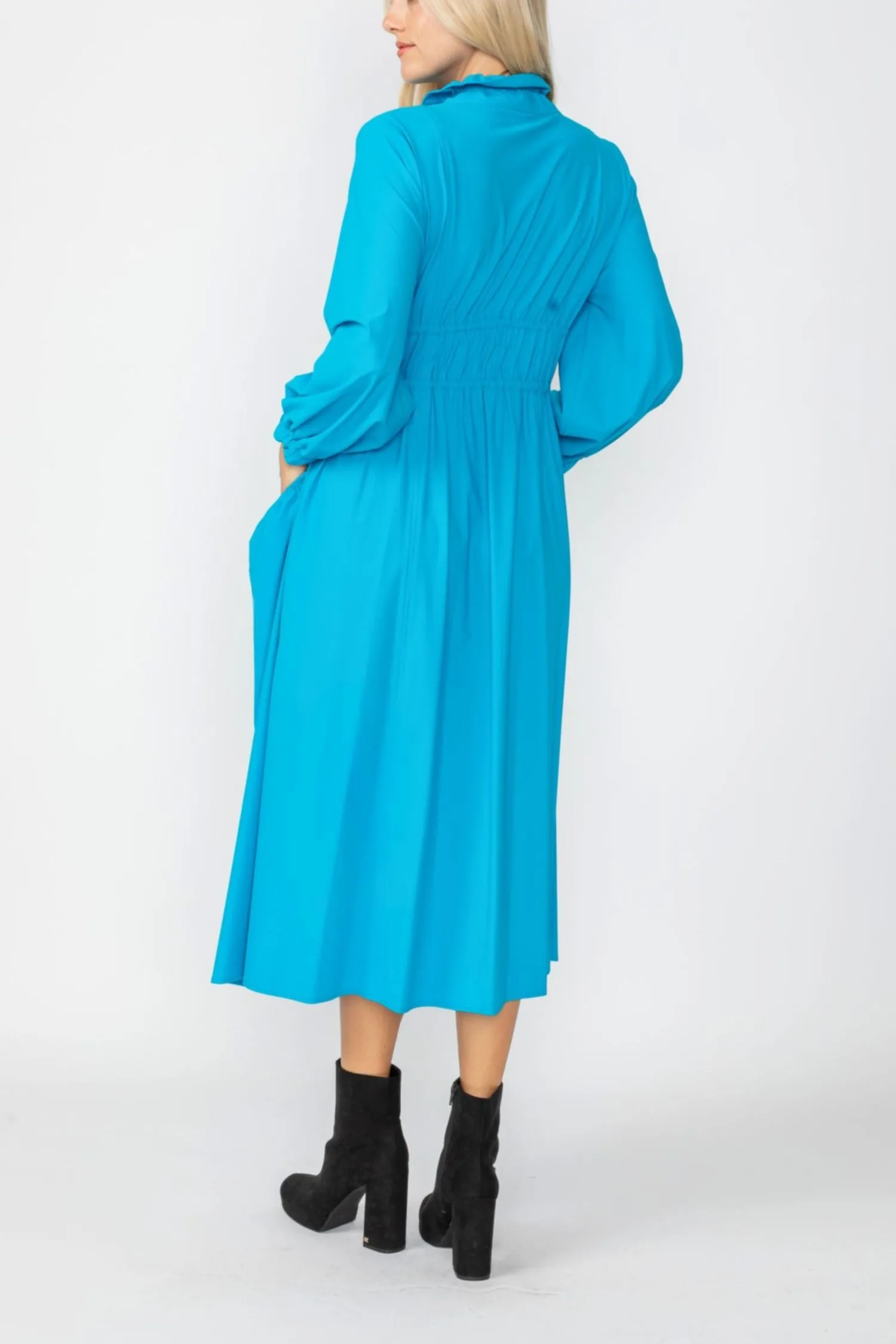 Turquoise Draw Stand Collar Side Drawed Shirring Long Jacket