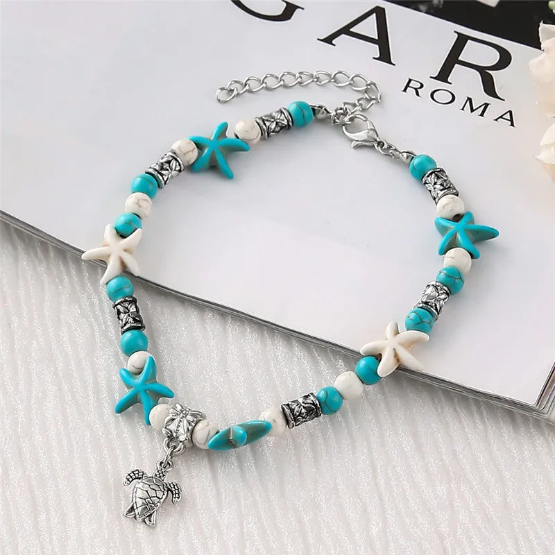 Turtle Pendant Starfish Turquoise Anklet