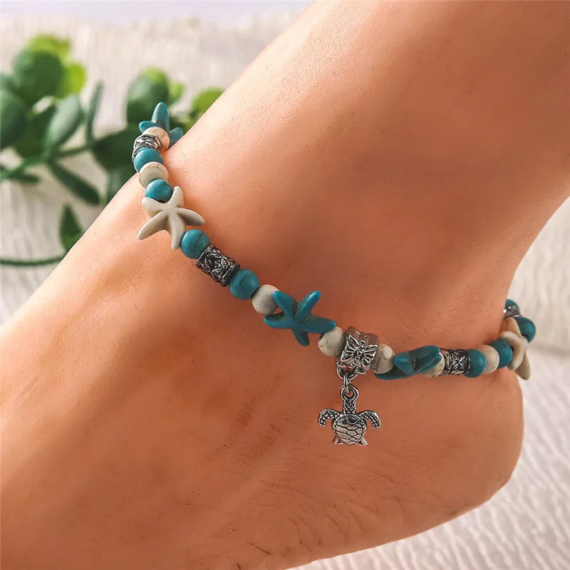 Turtle Pendant Starfish Turquoise Anklet