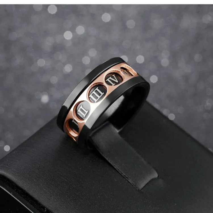 Unisex Just A Nail Black Finger Spinner Rose Gold Roman Numerals Titanium Rings