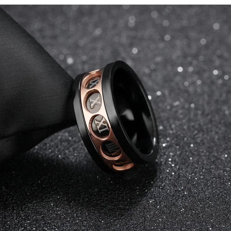 Unisex Just A Nail Black Finger Spinner Rose Gold Roman Numerals Titanium Rings