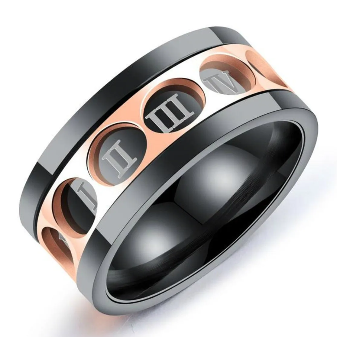 Unisex Just A Nail Black Finger Spinner Rose Gold Roman Numerals Titanium Rings