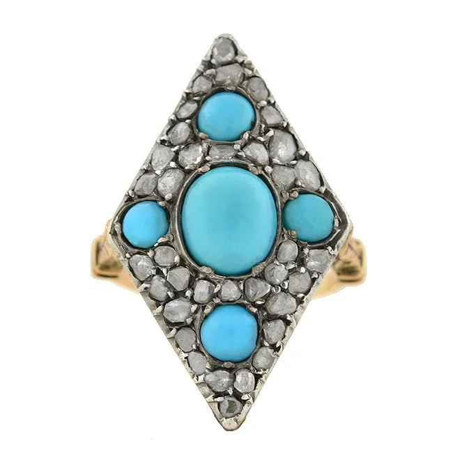 Victorian 18kt & Sterling Turquoise & Rose Cut Diamond Ring