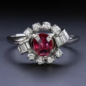 VINTAGE RUBY DIAMOND COCKTAIL RING PLATINUM OVAL SHAPE HALO NATURAL ESTATE 1.5ct