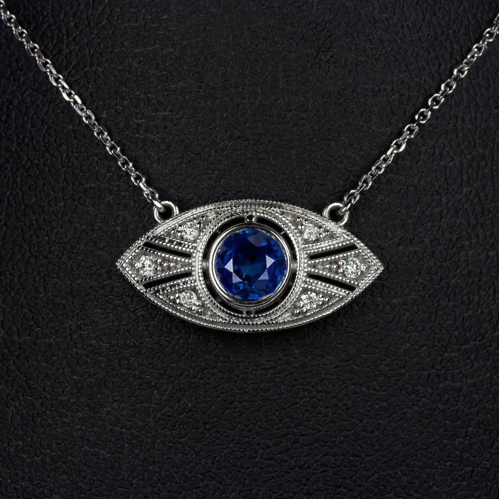 VINTAGE STYLE SAPPHIRE DIAMOND PENDANT ART DECO 18 INCH NECKLACE ROUND CUT BLUE