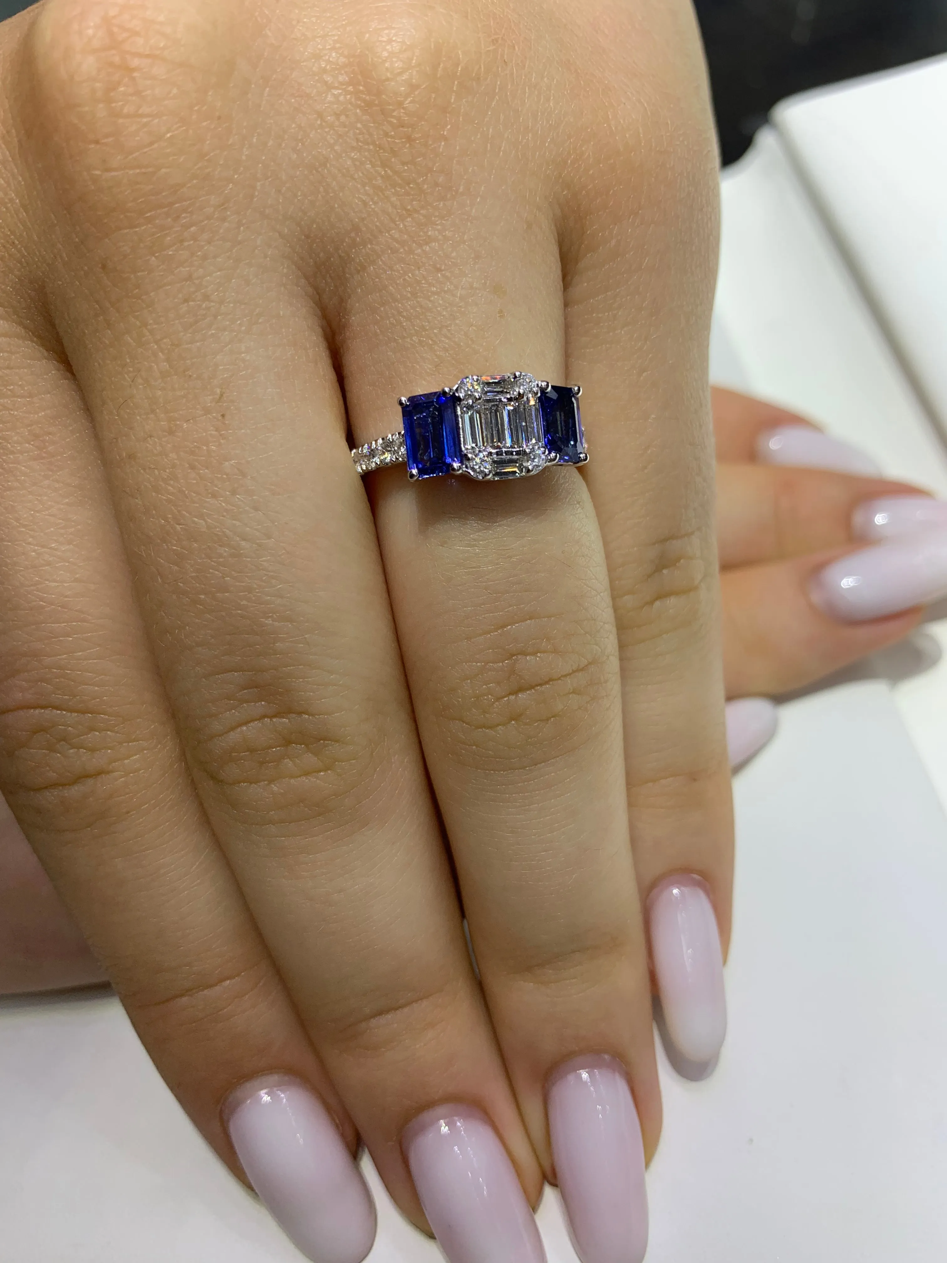 VVS/vs EF color high clarity diamonds set in a 18k White Gold Celine Diamond Ring with Blue Sapphire Stone