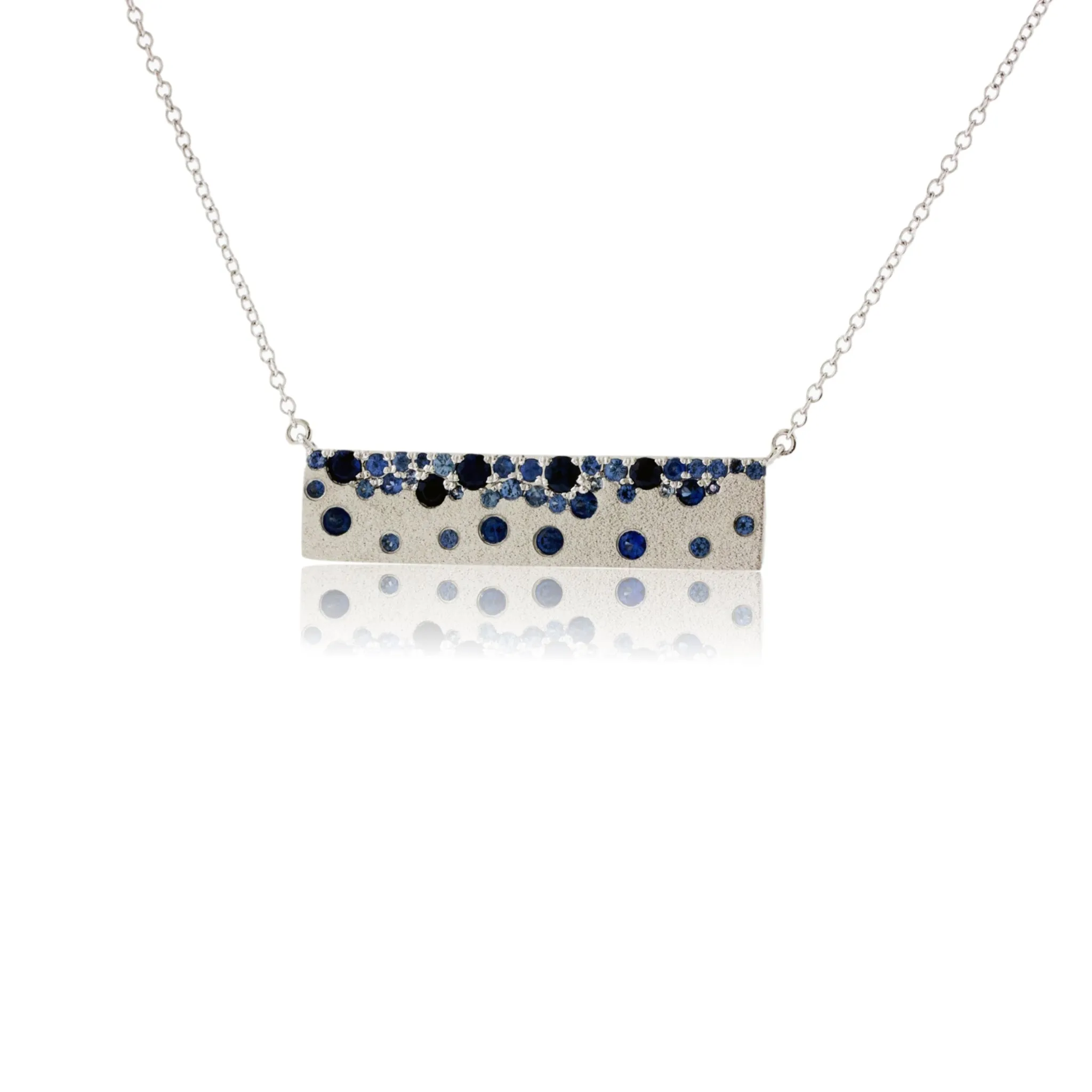 White Gold Satin Finish Flush Set Blue Sapphire Necklace