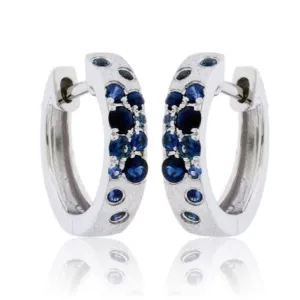 White Gold Satin Finish Narrow Flush Set Blue Sapphire Earrings