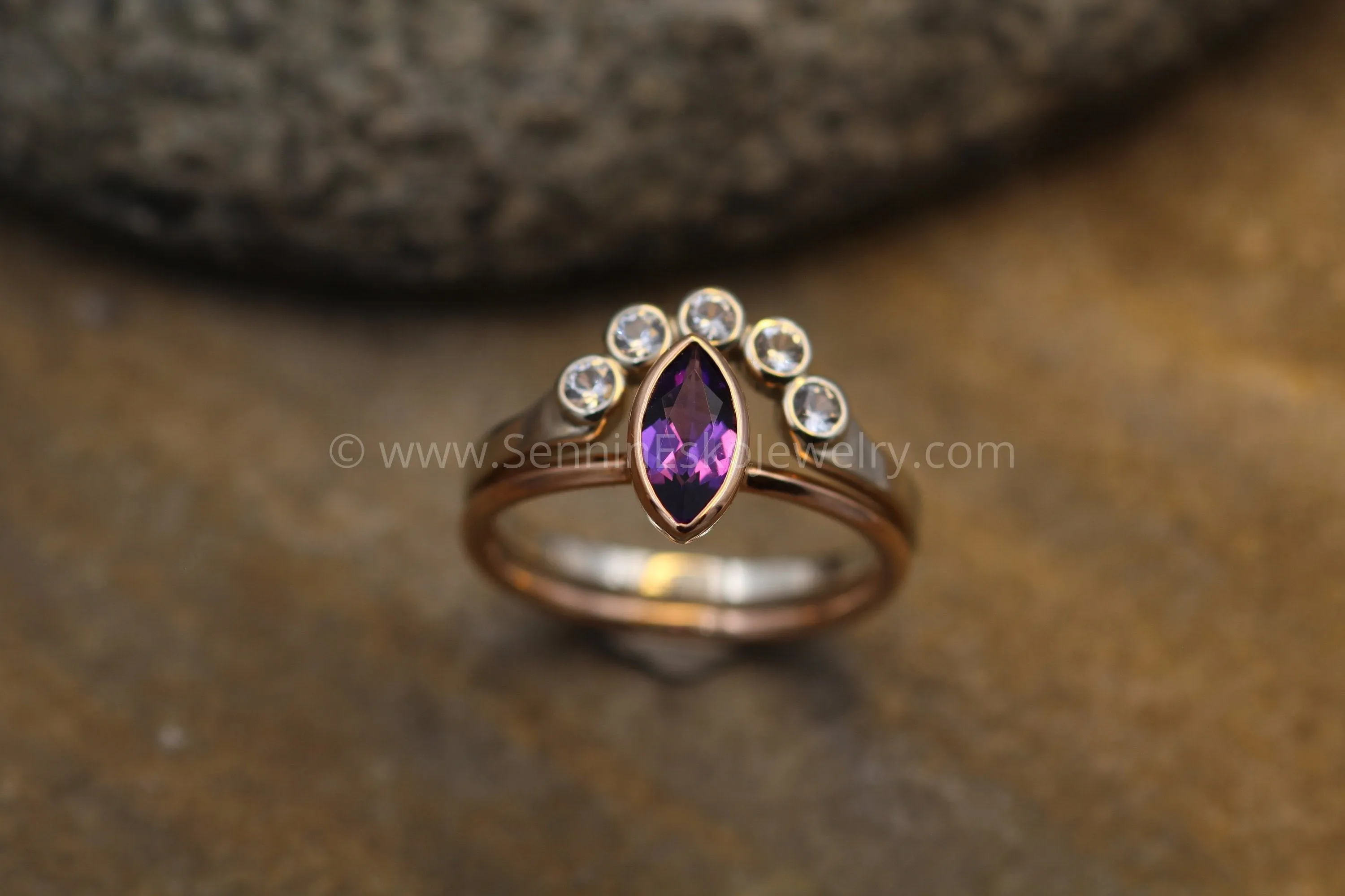 White Sapphire White Gold Half Moon Ring - Sun and Moon Ring - Sapphire Multi Bezel Ring