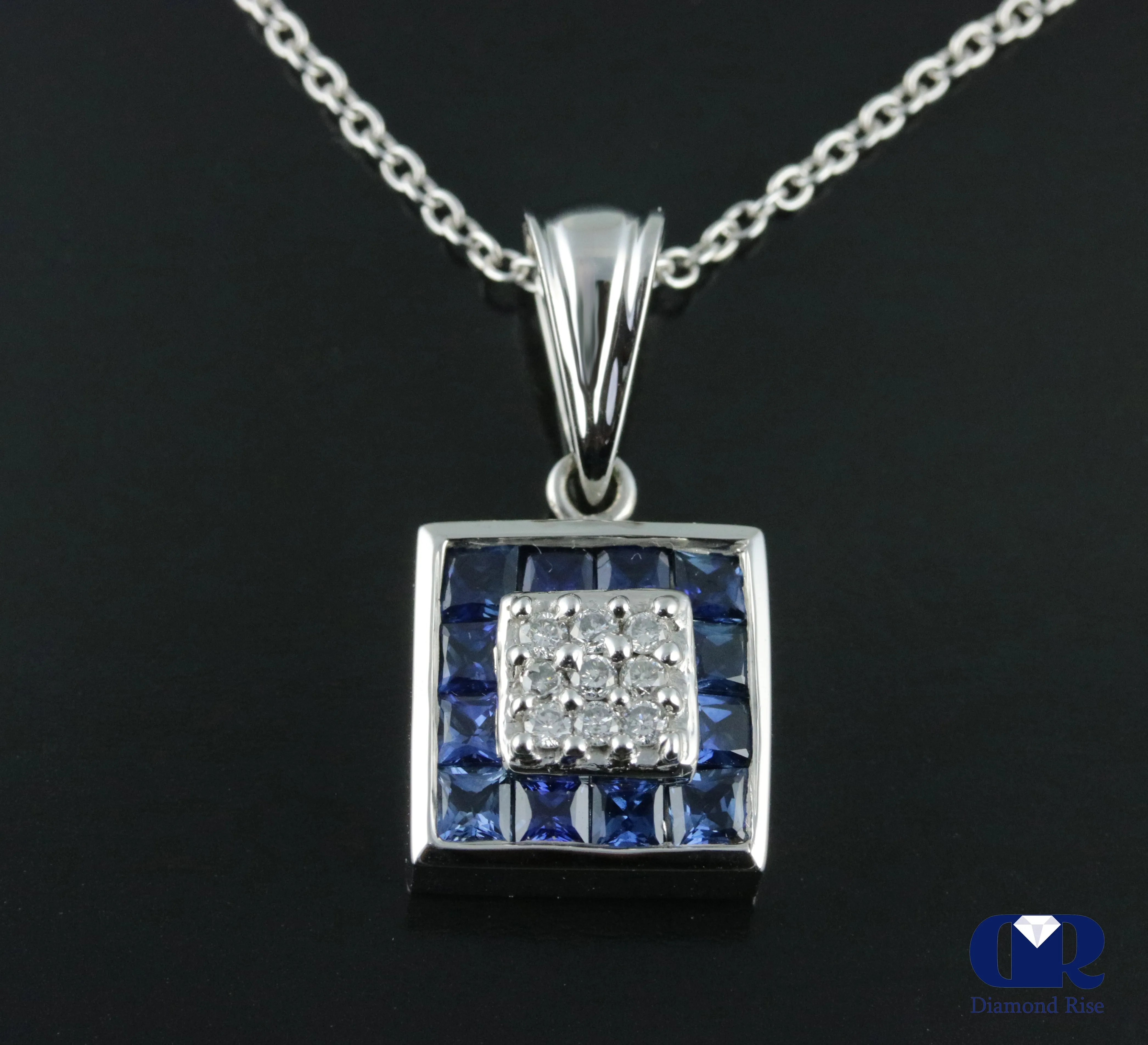 Women's Diamond & Sapphire Square Shaped Pendant Necklace In 14K White Gold