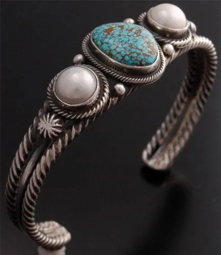 ZBM # 8 Spiderweb Turquoise Pearl Silver Bracelet by Erick Begay - GA40G