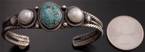 ZBM # 8 Spiderweb Turquoise Pearl Silver Bracelet by Erick Begay - GA40G