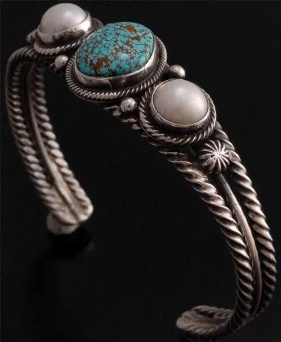 ZBM # 8 Spiderweb Turquoise Pearl Silver Bracelet by Erick Begay - GA40G