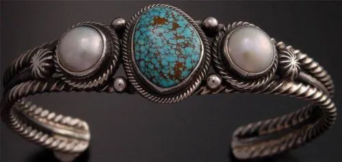 ZBM # 8 Spiderweb Turquoise Pearl Silver Bracelet by Erick Begay - GA40G